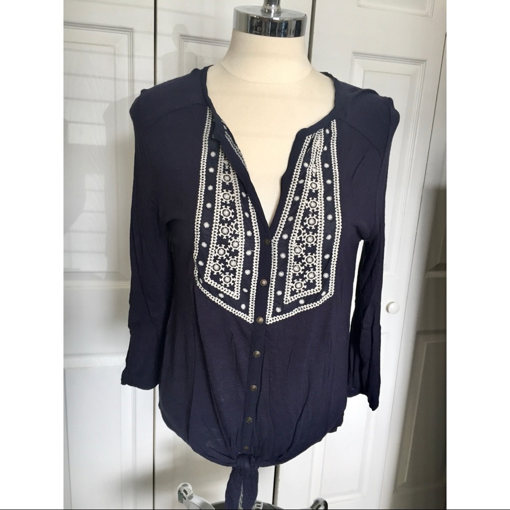Lucky Brand Navy & White Tie Front Buttoned Top